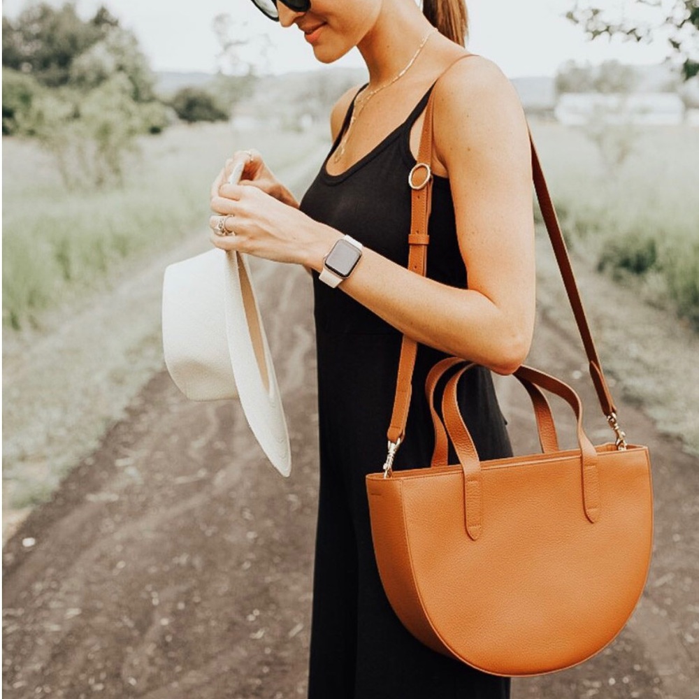 Cuyana Semi Circle bag in pebbled caramel leather